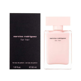 Narciso Rodriguez front bottle in pink glass, showcases elegant branding and easy recognition