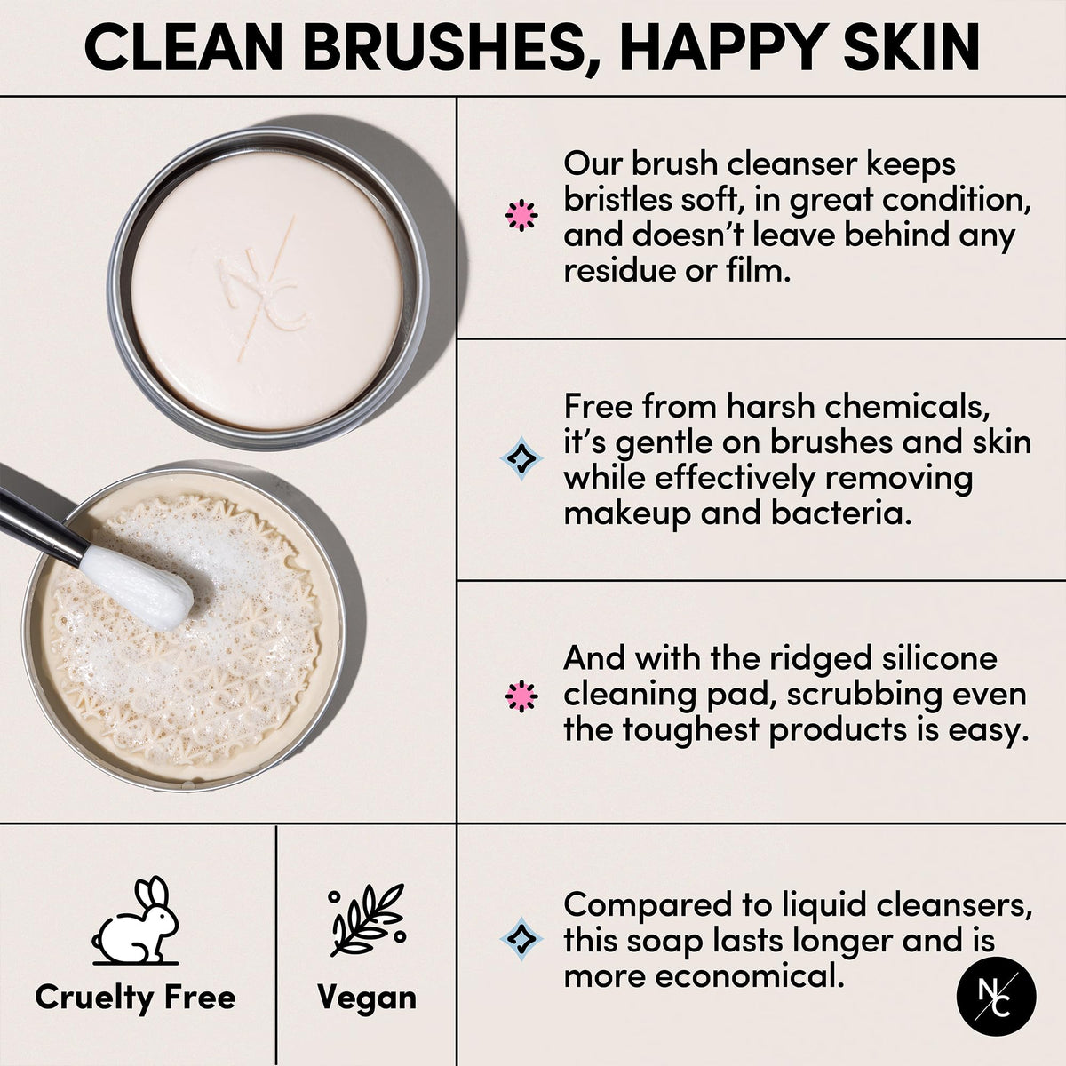 Narrative Cosmetics brush being cleaned on soap and pad for fast removal of pigment