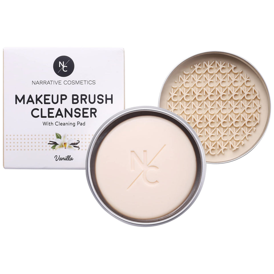 Narrative Cosmetics tin front view showing compact cleaner and travel-ready design