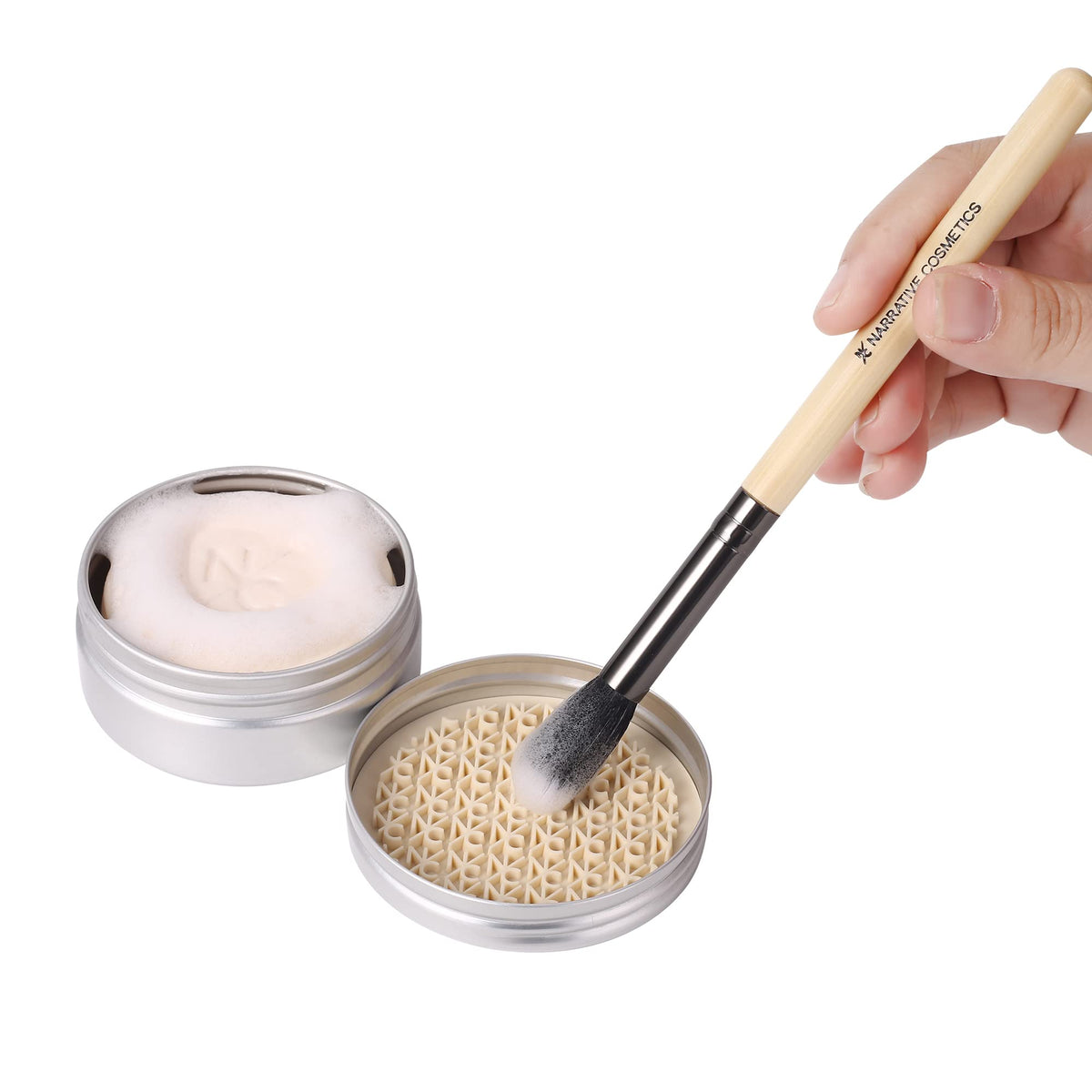 Narrative Cosmetics lifestyle bathroom scene showing easy daily brush maintenance