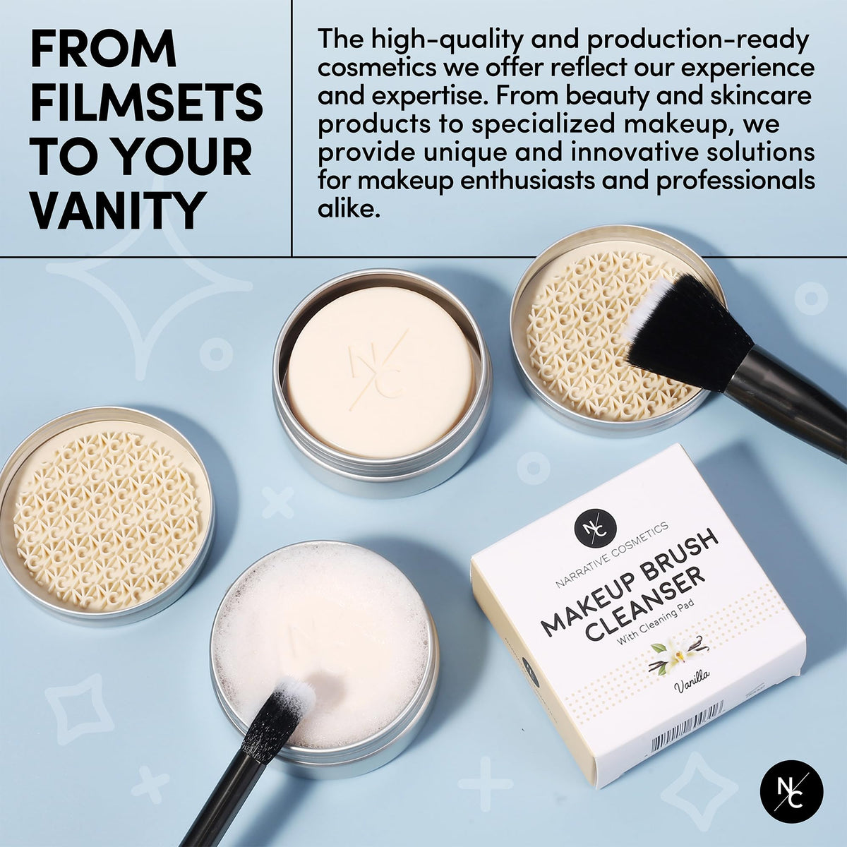 Narrative Cosmetics tin beside pouch showing travel size and convenient storage