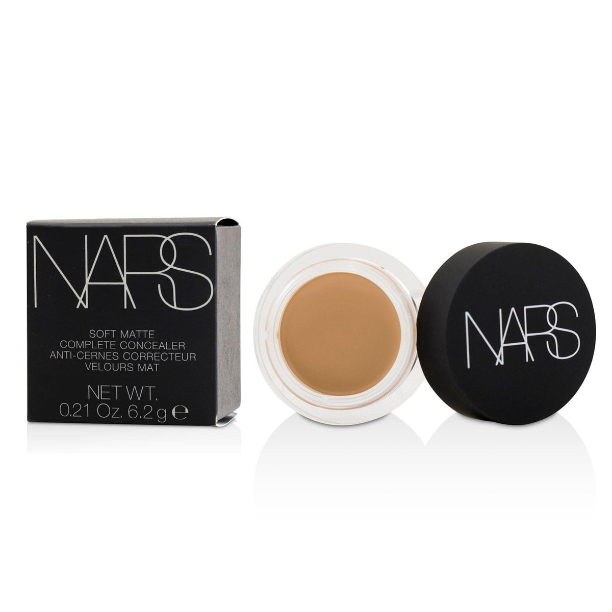 NARS concealer flatlay with ingredient list highlighting hyaluronic and vitamin benefits