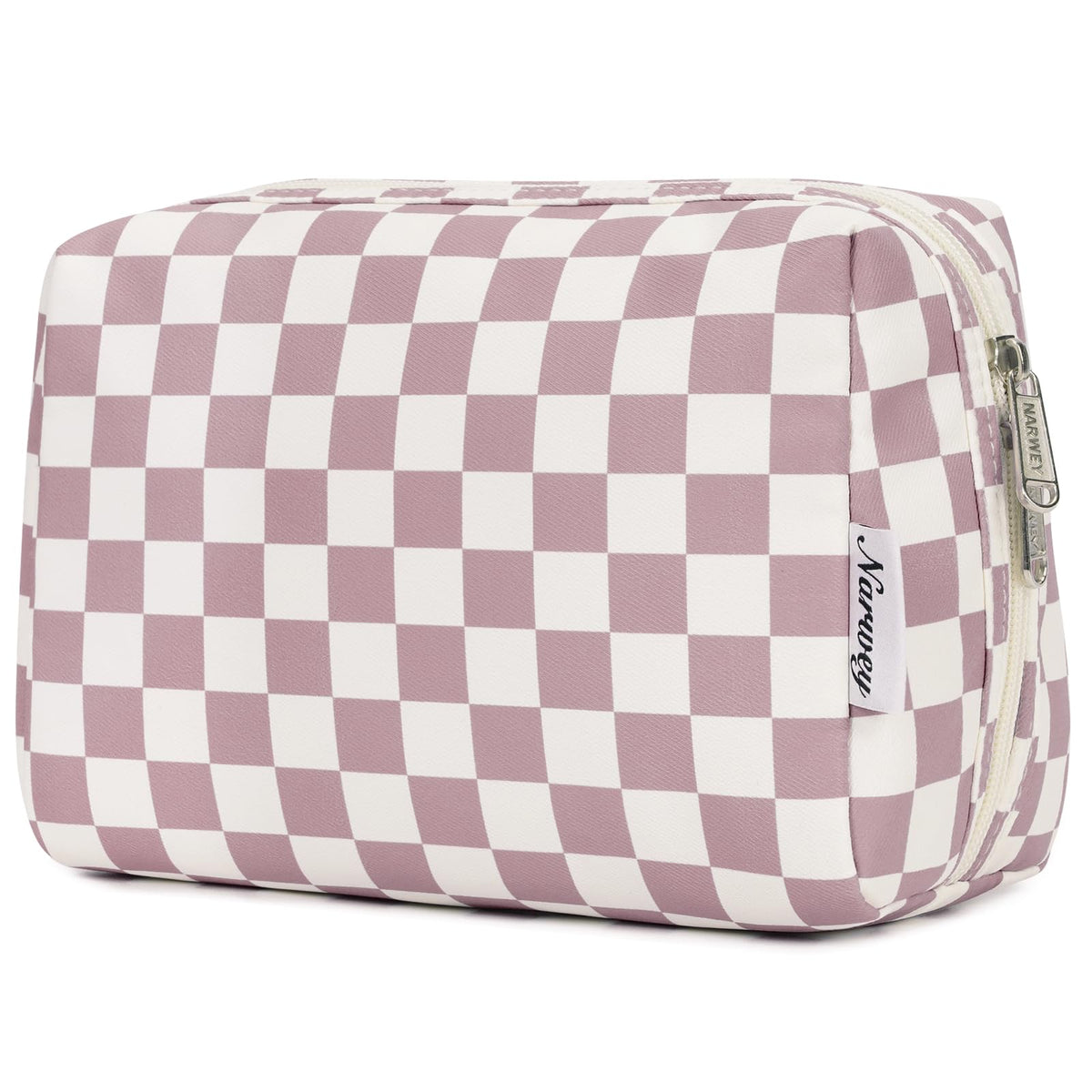 Narwey front view dusty rose checkerboard showing compact stylish storage benefit