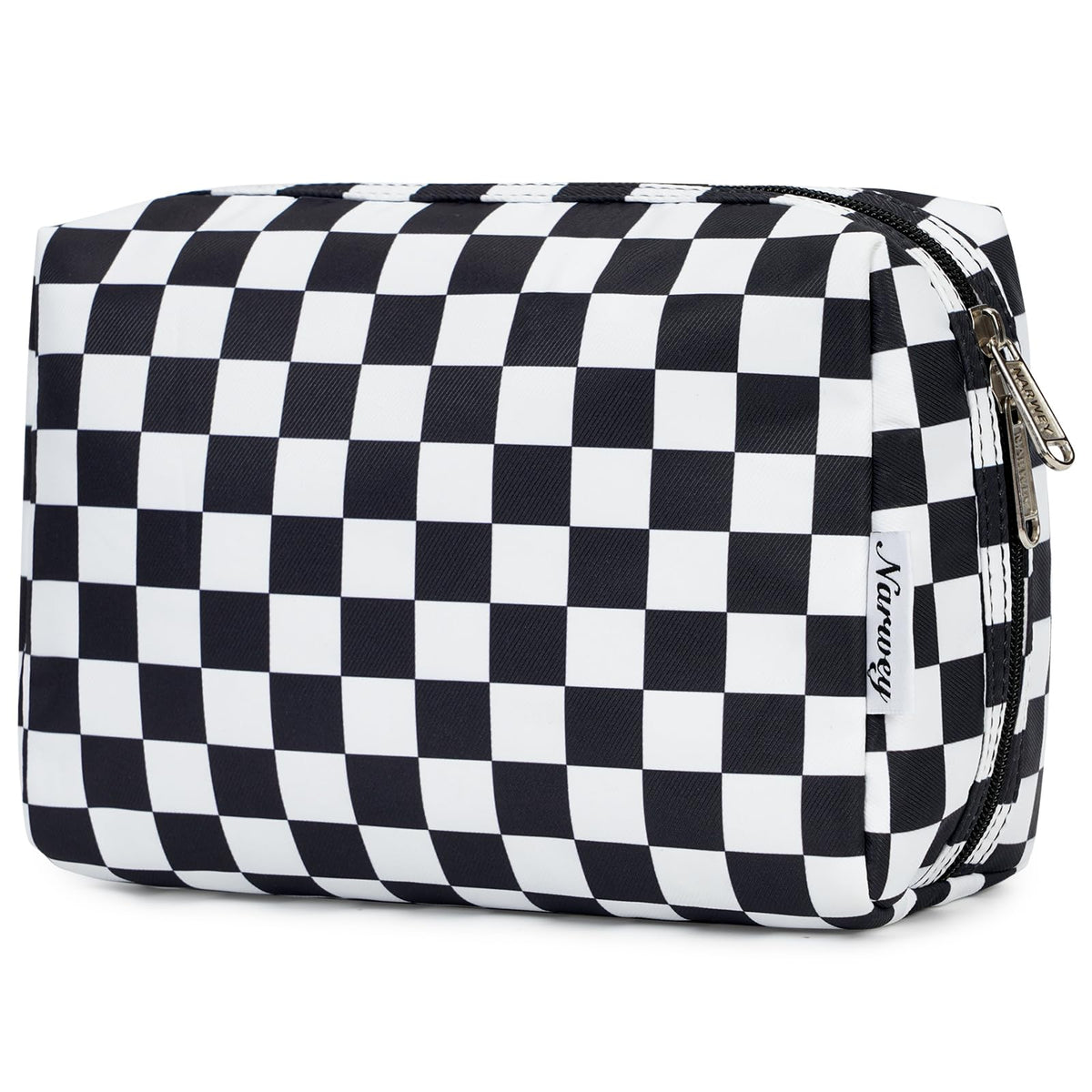Narwey front view of black checkerboard bag showing compact storage benefit