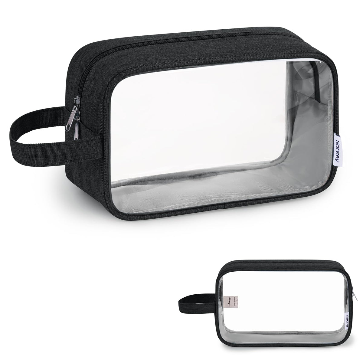 Narwey front view of clear toiletry bag showing organized contents for fast access