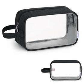 Narwey front view of clear toiletry bag showing organized contents for fast access