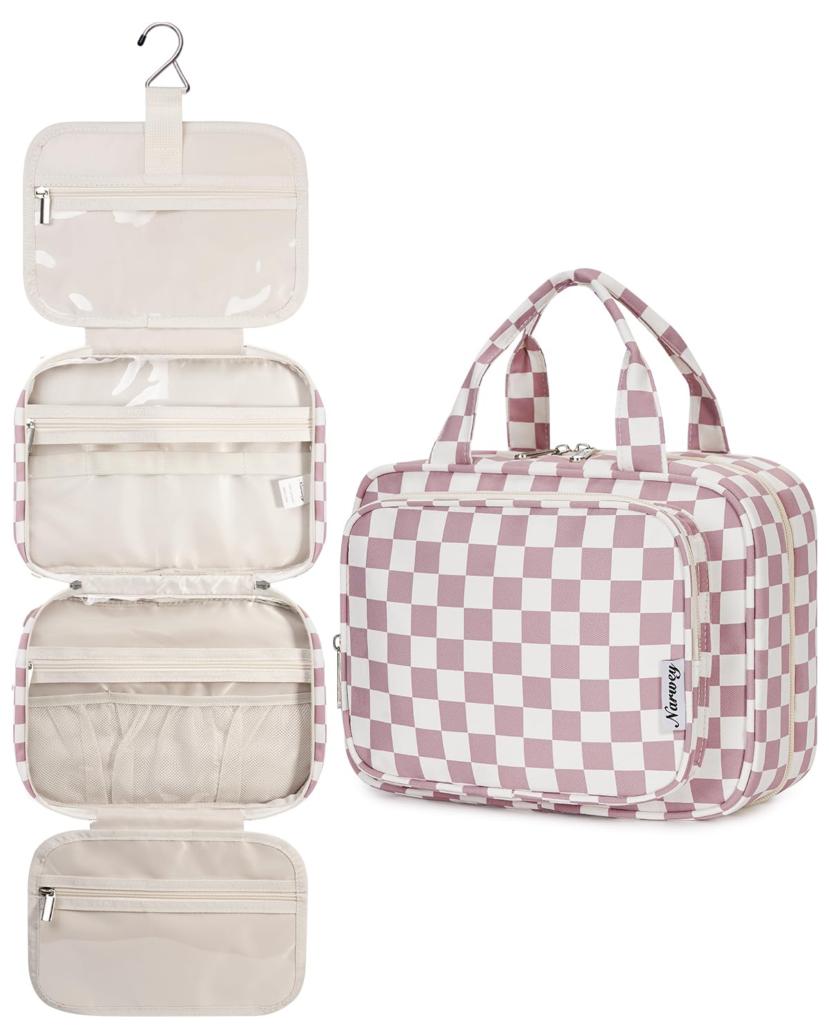 Narwey front view dusty pink checkerboard shows compact stylish organizer