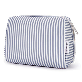 Narwey front view greyish blue striped makeup bag showing stylish compact design and portability