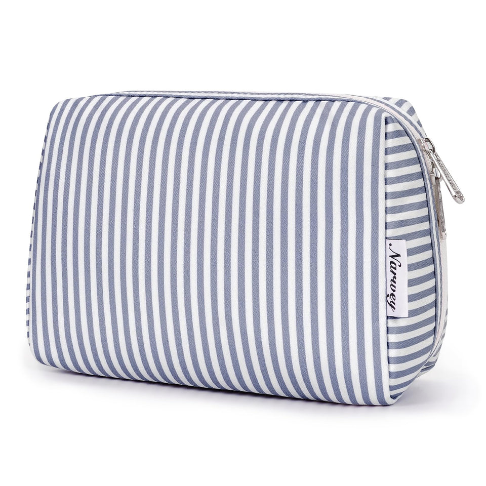 Narwey front view greyish blue striped makeup bag showing stylish compact design and portability