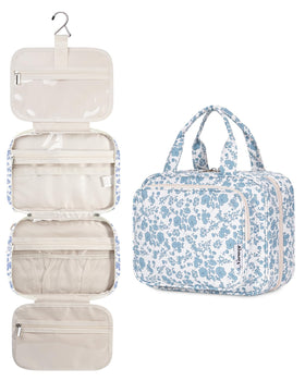 Narwey front view of blue flower bag shows roomy organized storage benefit