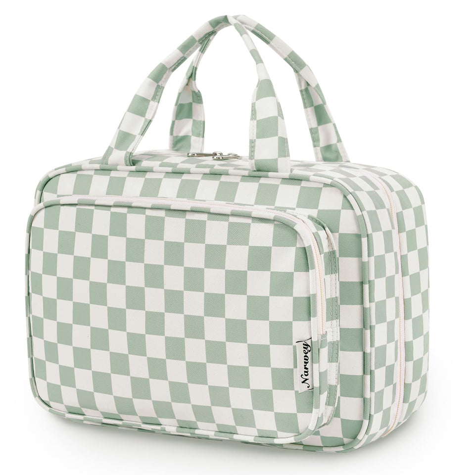 Narwey front view mint checkerboard shows stylish travel-ready organizer