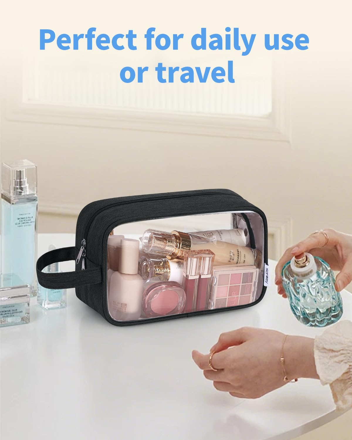 Narwey bag on bathroom counter styled to show everyday practical use