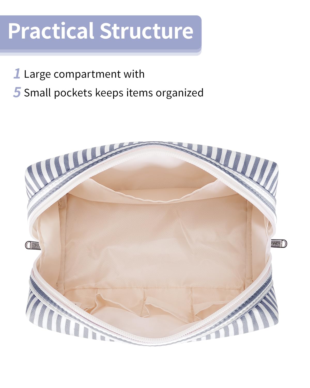 Narwey open main compartment with makeup and travel-size bottles organized for easy access