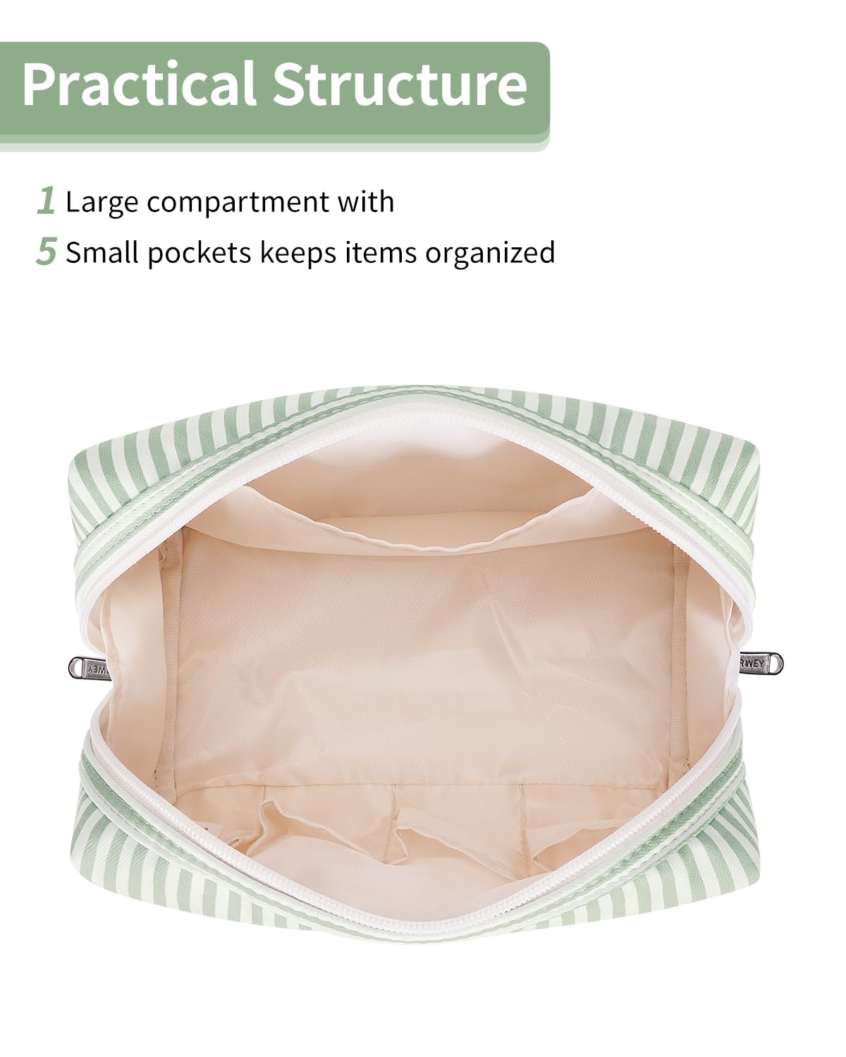 Narwey open bag showing five inner pockets and main compartment for organization