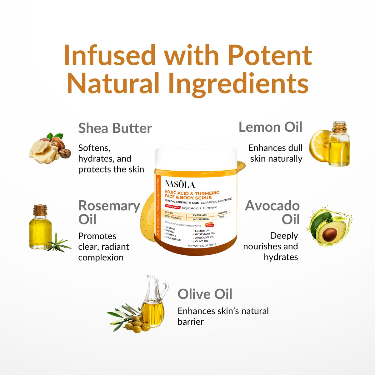 Nasola bottle label detail highlighting kojic acid and turmeric benefits and clarity