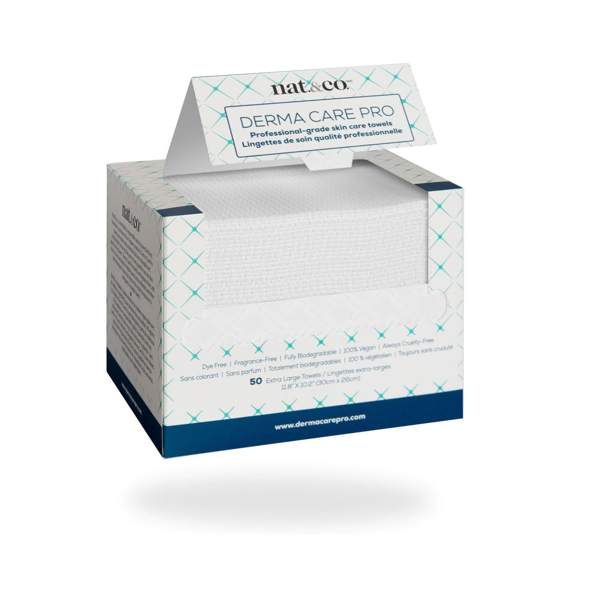 nat.&co. front packaging showing 50-count bio-based towels and eco seal