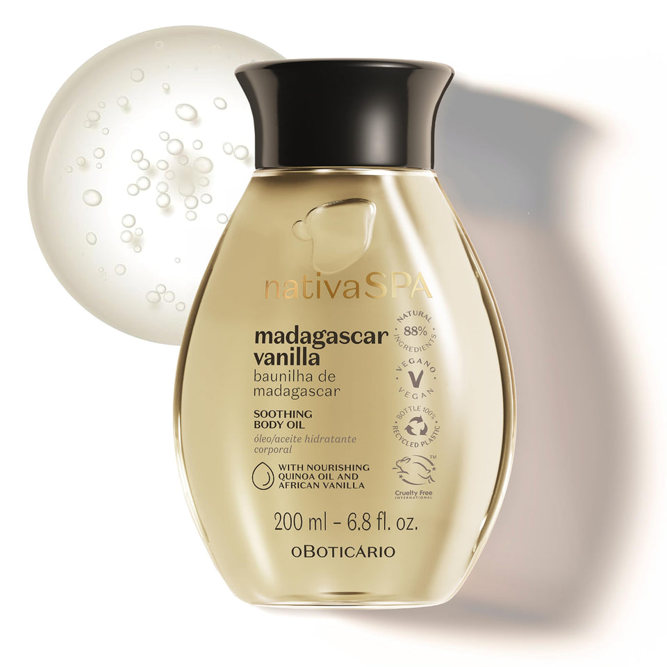 Nativa SPA bottle front view showing vanilla oil and elegant packaging benefits hydration