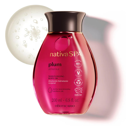NATIVA SPA front bottle showing plum oil and elegant shape, appealing hydration