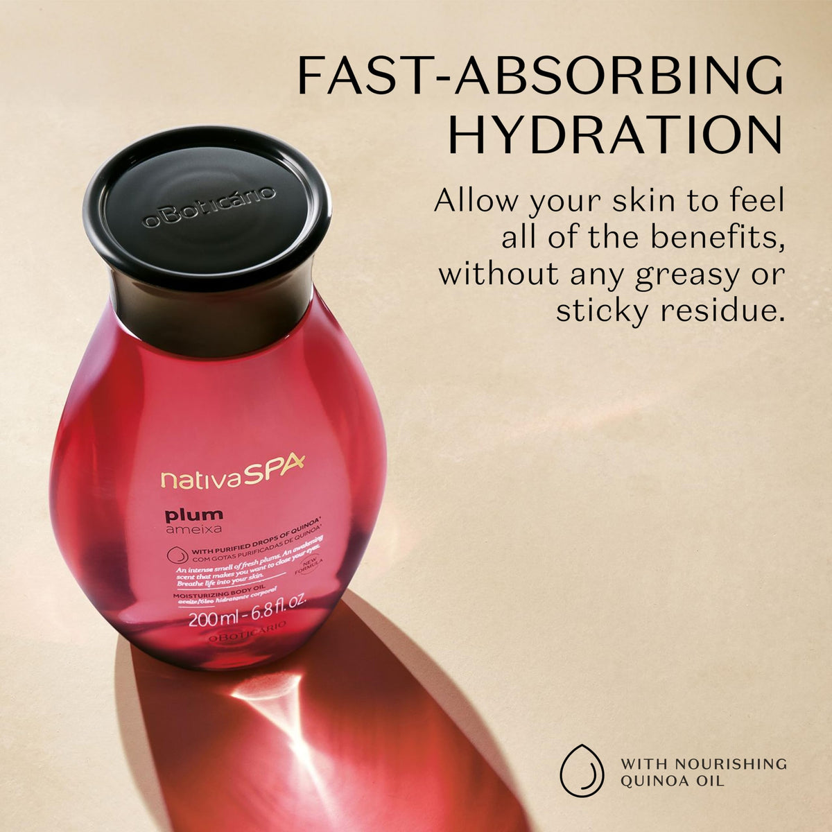 NATIVA SPA open cap pouring body oil, demonstrating easy controlled application