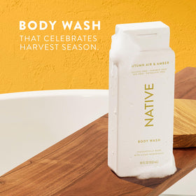 Native pump and label detail highlighting natural ingredients and scent