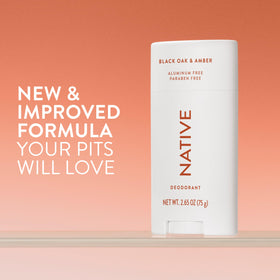 Native deodorant stick angled closeup emphasizing smooth glide and clear finish