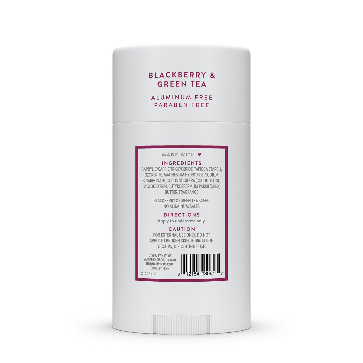 Native product beside fresh blackberries and green tea leaves suggesting scent