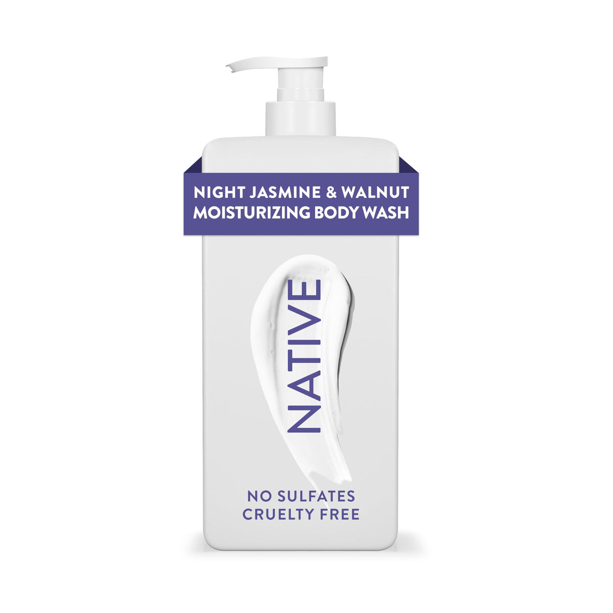 Native front packaging of Night Jasmine & Walnut body wash showing bottle and pump, brand soft hydration