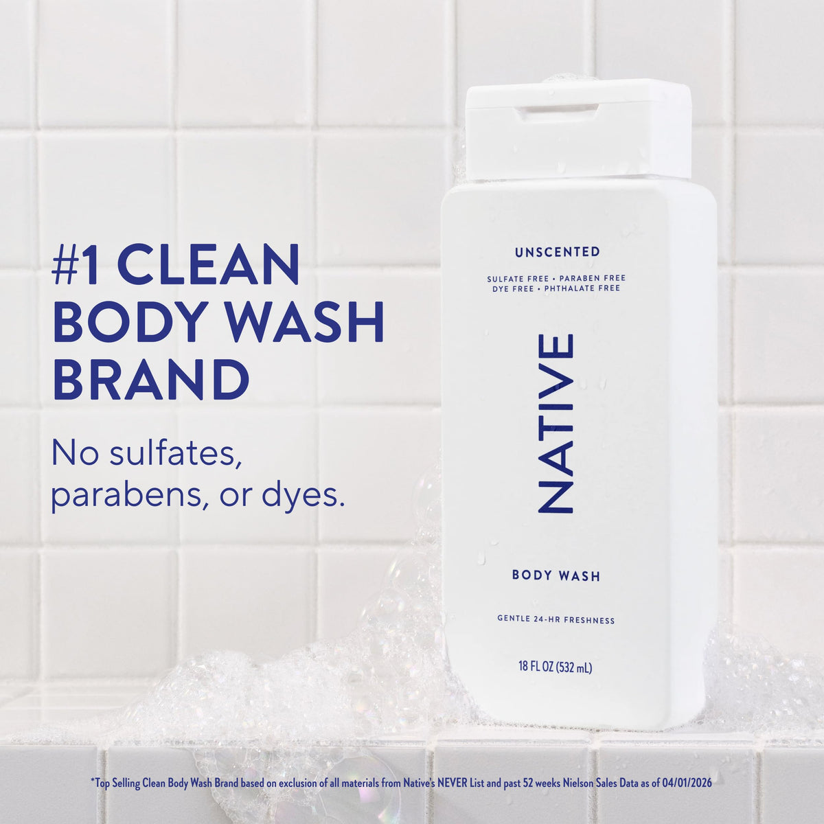 Native bottle pump dispensing body wash, easy controlled use and convenience