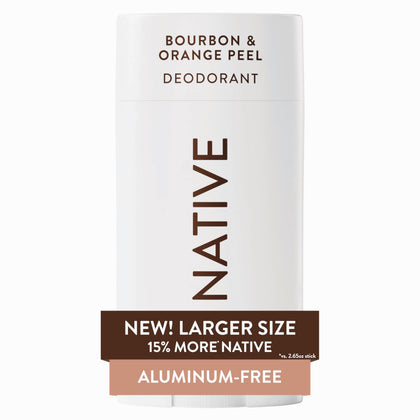 Native deodorant front packaging showing bourbon and orange peel scent benefits