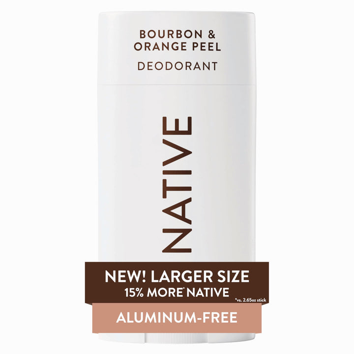 Native deodorant front packaging showing bourbon and orange peel scent benefits
