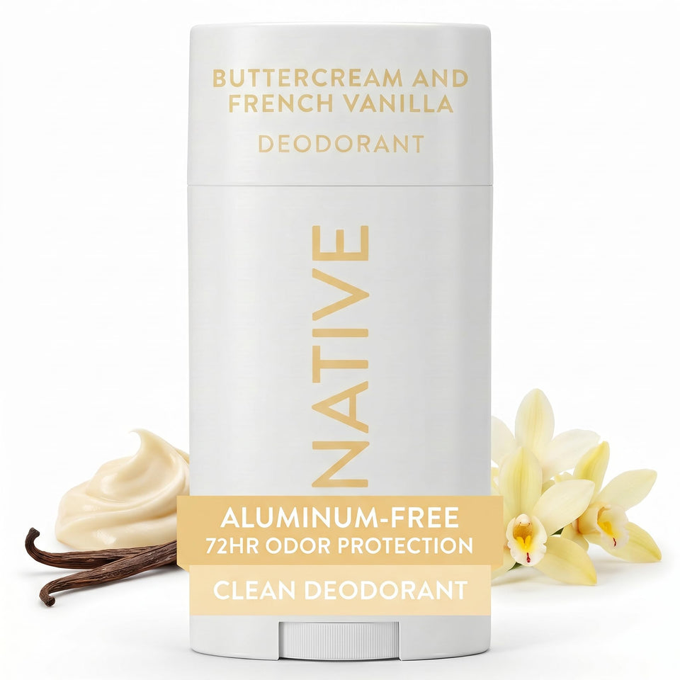 Native front packaging showing buttercream and French vanilla scent, offers long-lasting protection