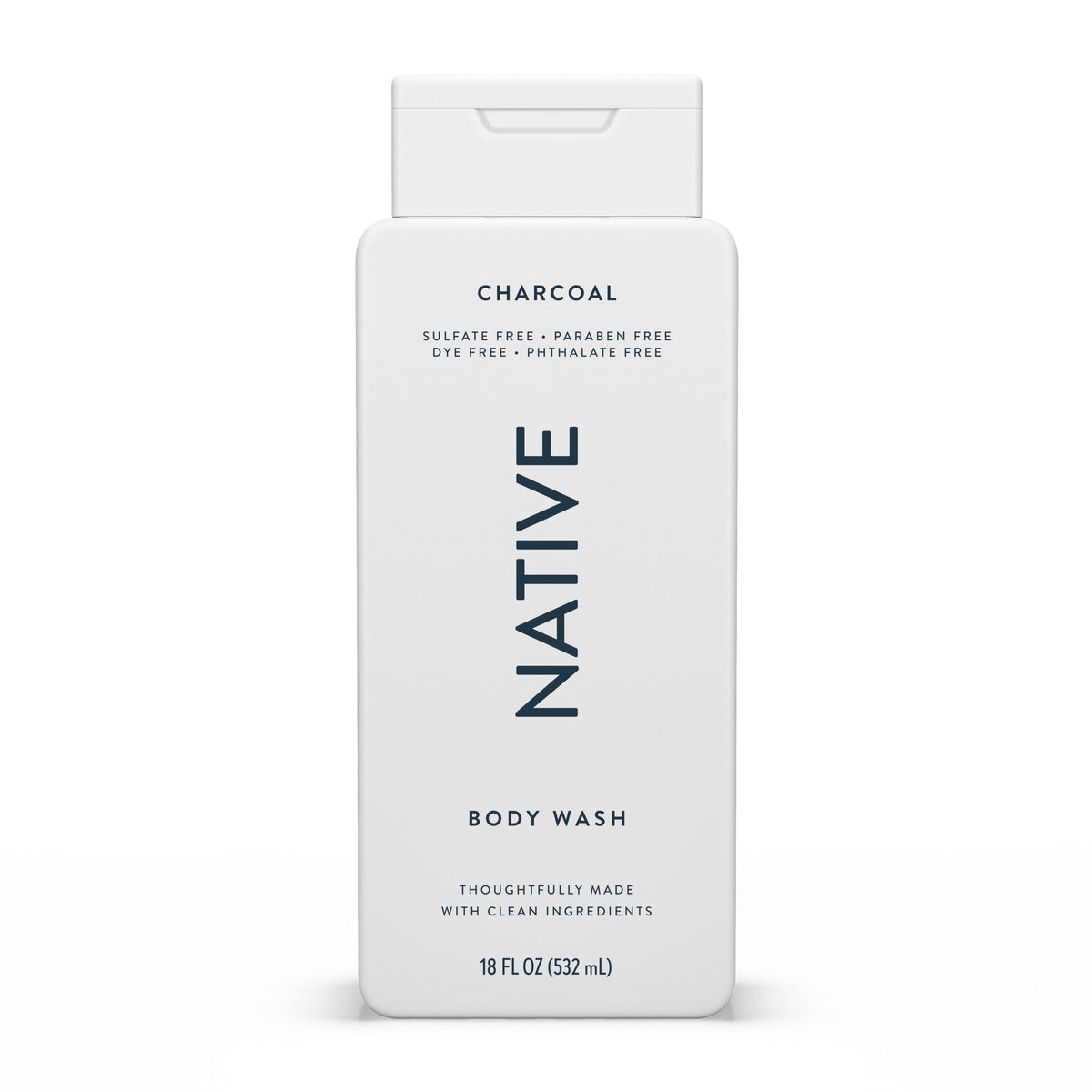 Native charcoal front bottle showing label and 18 oz size for clear product identification