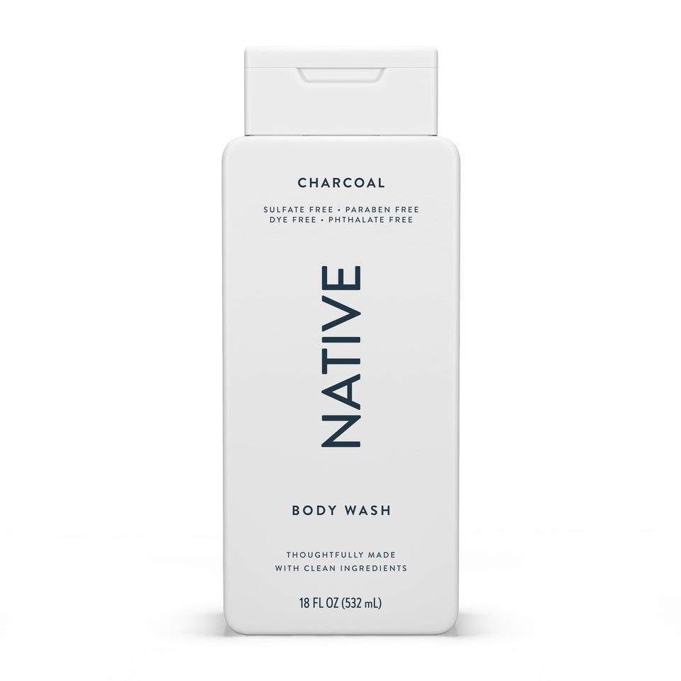 Native charcoal front bottle showing label and 18 oz size for clear product identification