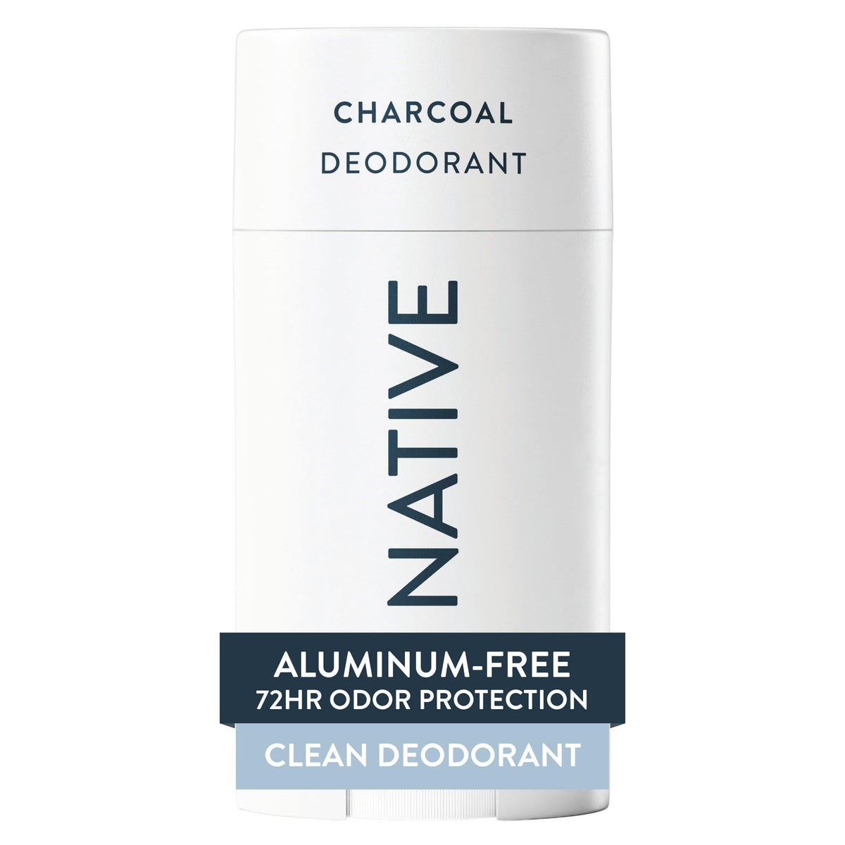 Native charcoal front packaging showing stick and branding, clean travel-ready deodorant