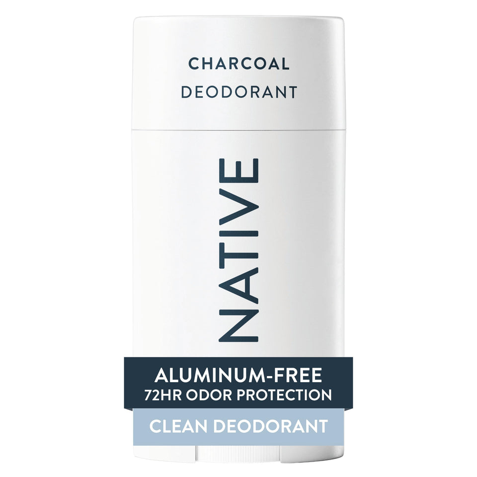 Native charcoal front packaging showing stick and branding, clean travel-ready deodorant
