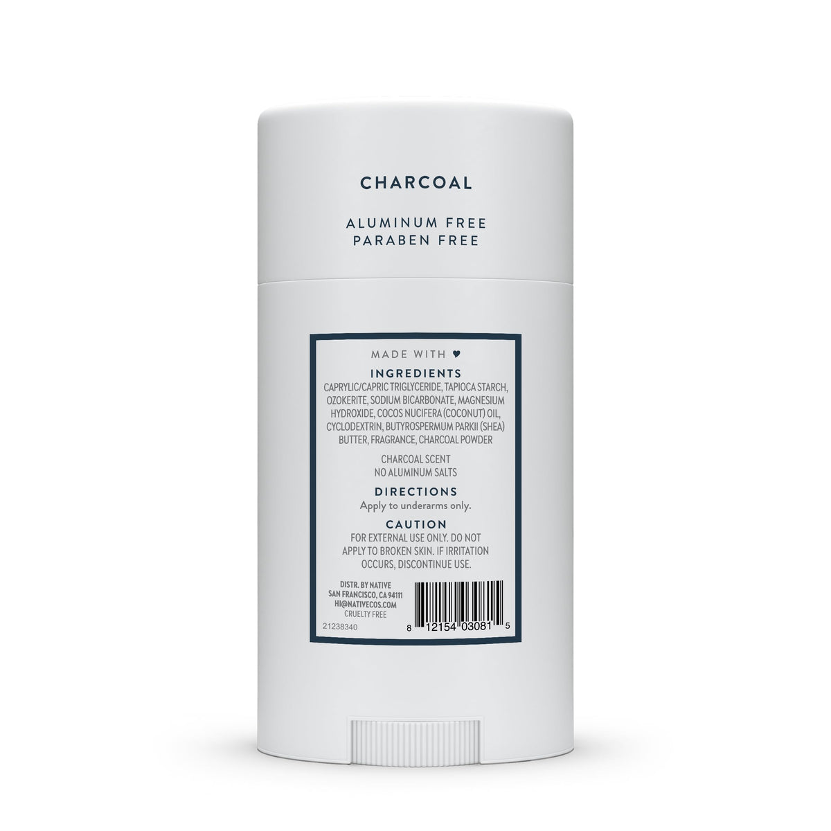 Native charcoal label detail close-up showing ingredient highlights and clean formulation