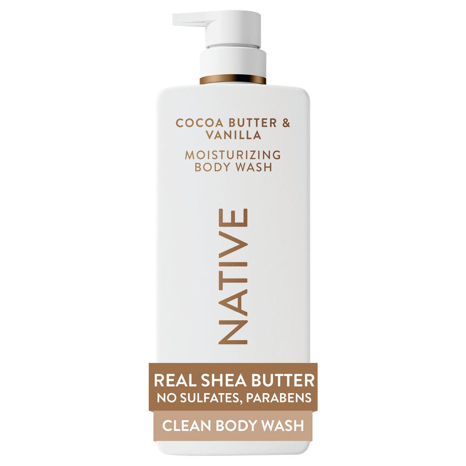 Native front bottle packaging showing cocoa butter vanilla scent and size benefit