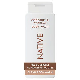 Native front bottle showing coconut and vanilla scent, clear benefit: clean, simple formula