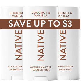 Native front packaging showing coconut and vanilla scent and 3-pack convenience benefit