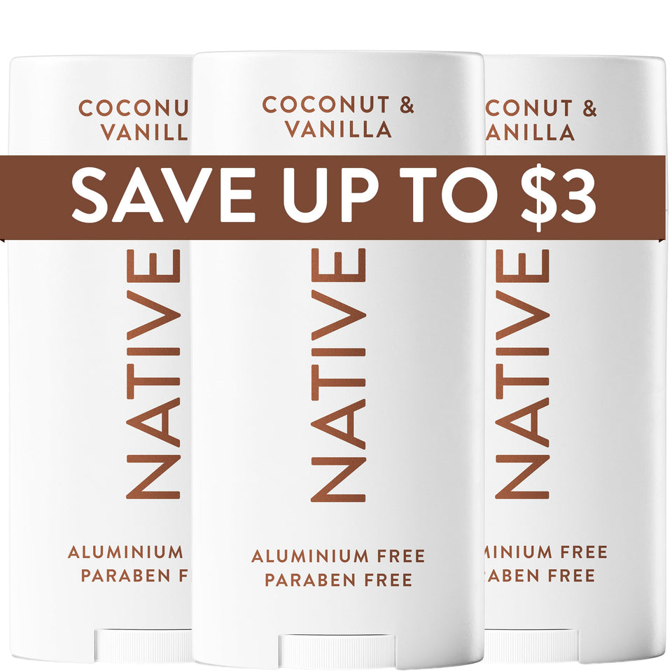 Native front packaging showing coconut and vanilla scent and 3-pack convenience benefit