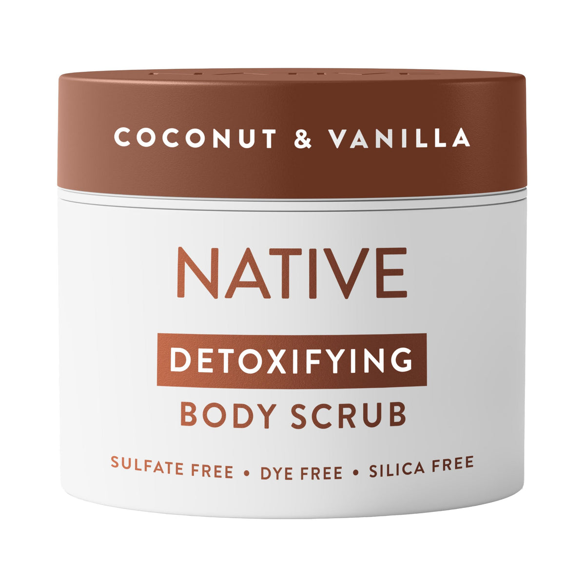 Native front packaging of coconut & vanilla scrub showing jar and label, clear product benefit