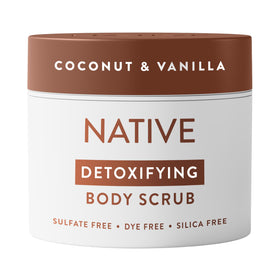 Native front packaging of coconut & vanilla scrub showing jar and label, clear product benefit