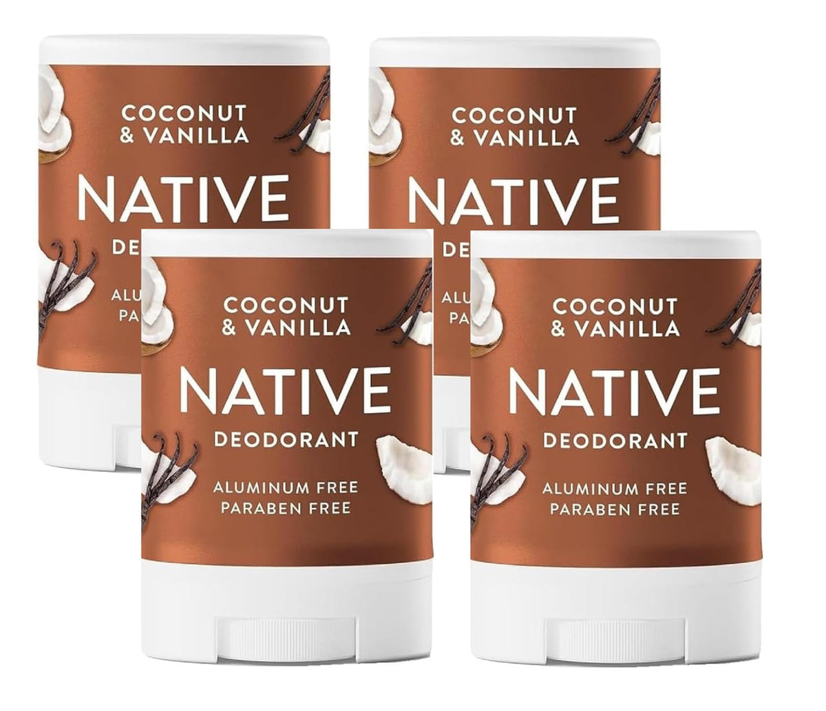 Native coconut & vanilla front packaging showing travel four-pack and benefits