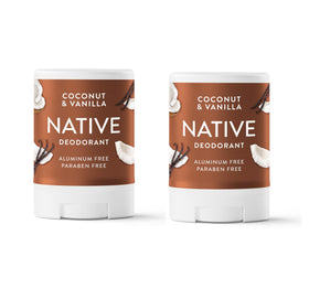 Native coconut & vanilla front packaging showing compact travel stick and benefits