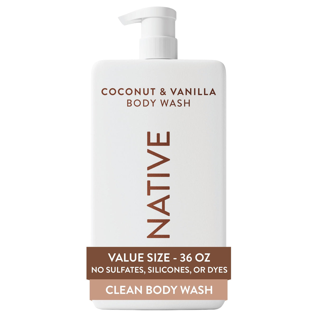 Native front packaging shows 36 oz pump and coconut vanilla scent benefits