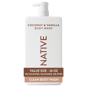 Native front packaging shows 36 oz pump and coconut vanilla scent benefits