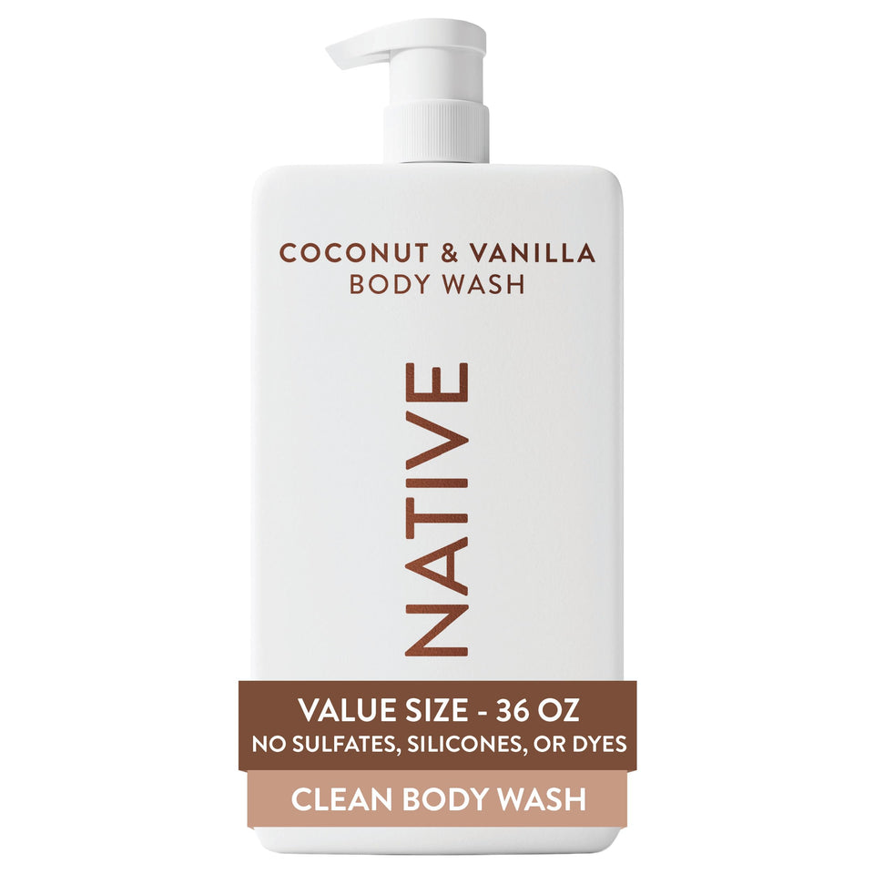 Native front packaging shows 36 oz pump and coconut vanilla scent benefits