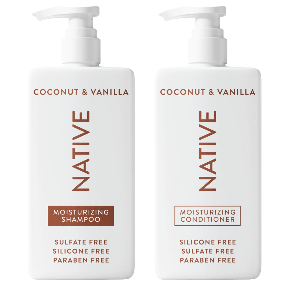 Native front packaging showing shampoo and conditioner set with coconut and vanilla benefits