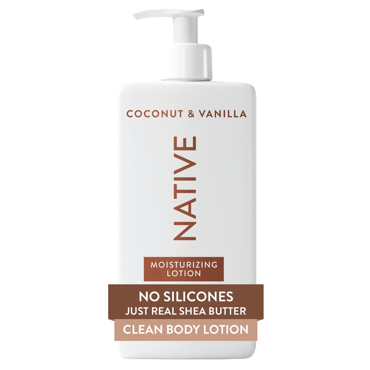Native bottle front pump showing label and clean formula benefits