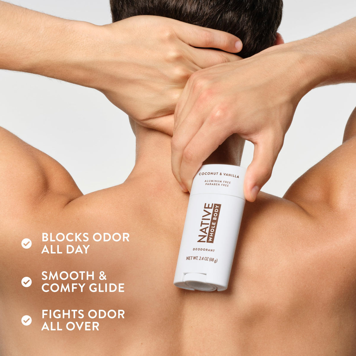 Coconut and shea butter ingredients next to Native stick, brand nourishing skin